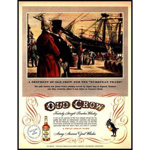 1951 Old Crow Bourbon Whiskey Vintage Print Ad Shipyard Barrel Clipper Ship Art